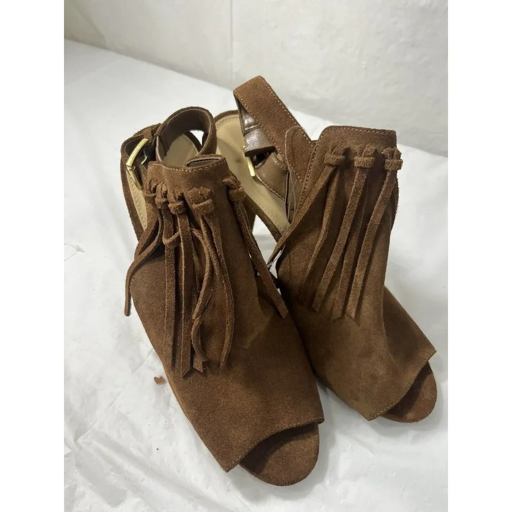 Michael Kors Brown Suede Fringe Peep-Toe Slingback Heels